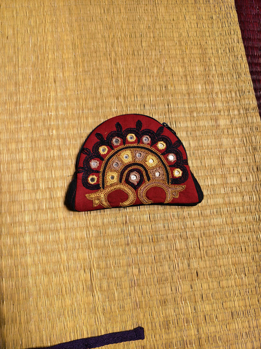 Red Black Kutch Single Side Embroidered Mirror Work Coin Purse