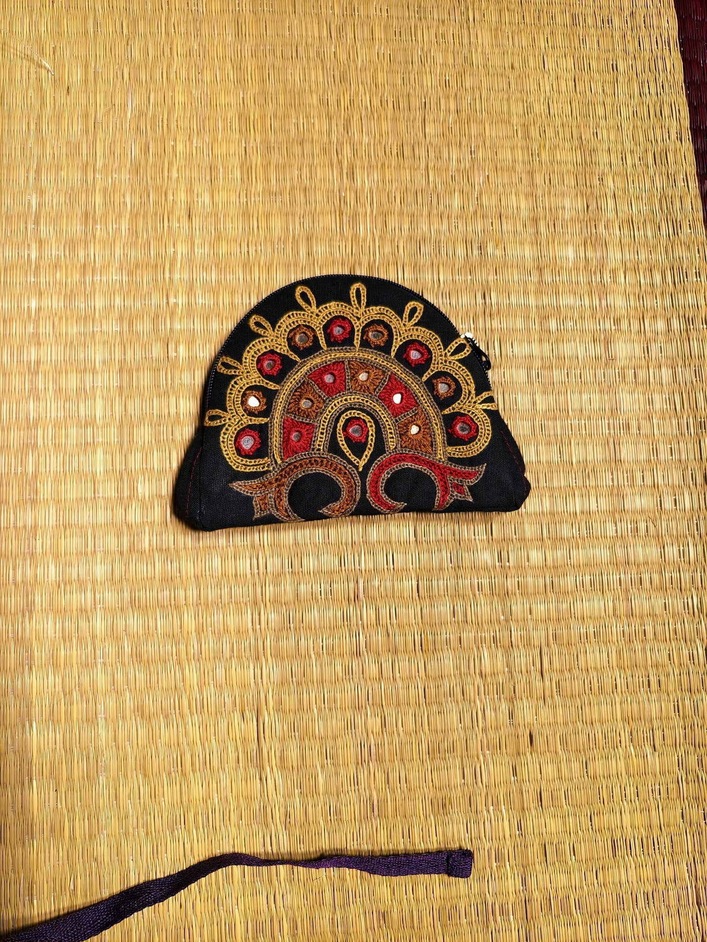Black Yellow Kutch Single Side Embroidered Mirror Work Coin Purse