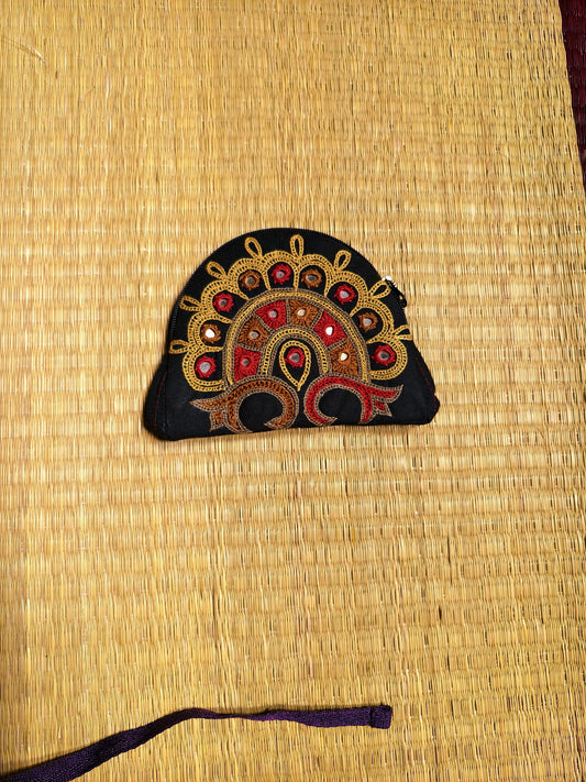 Black Yellow Kutch Single Side Embroidered Mirror Work Coin Purse