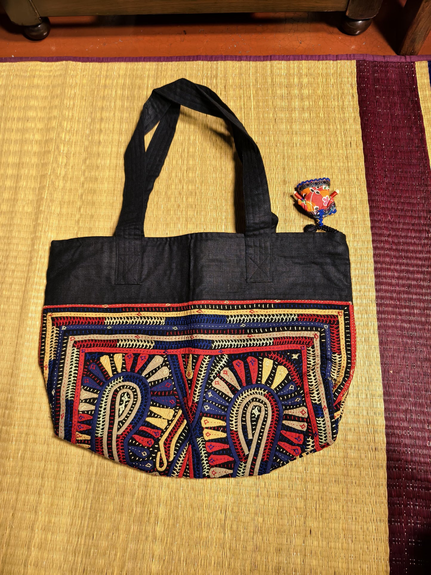 Linen Black Kutch Hand-Embroidered Big Tote Bag