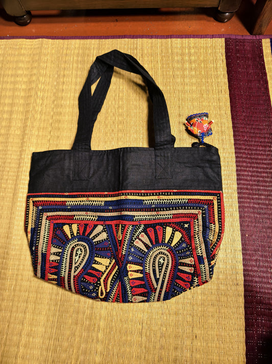 Linen Black Kutch Hand-Embroidered Big Tote Bag