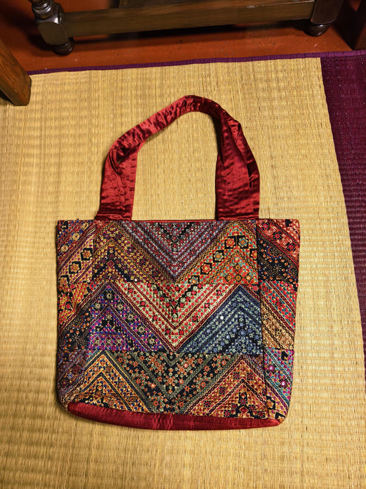 Pure Silk Maroon Multi Kutch Hand-Embroidered Big Tote Bag