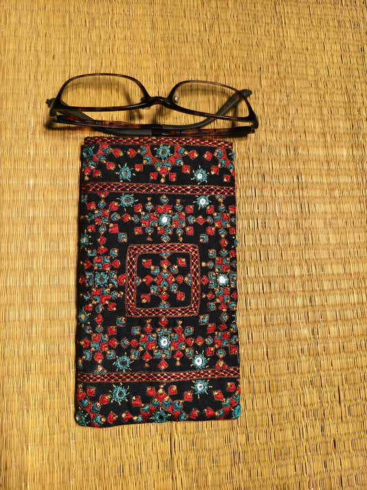 Black Multicolour Kutch Hand-Embroidered Spec Case