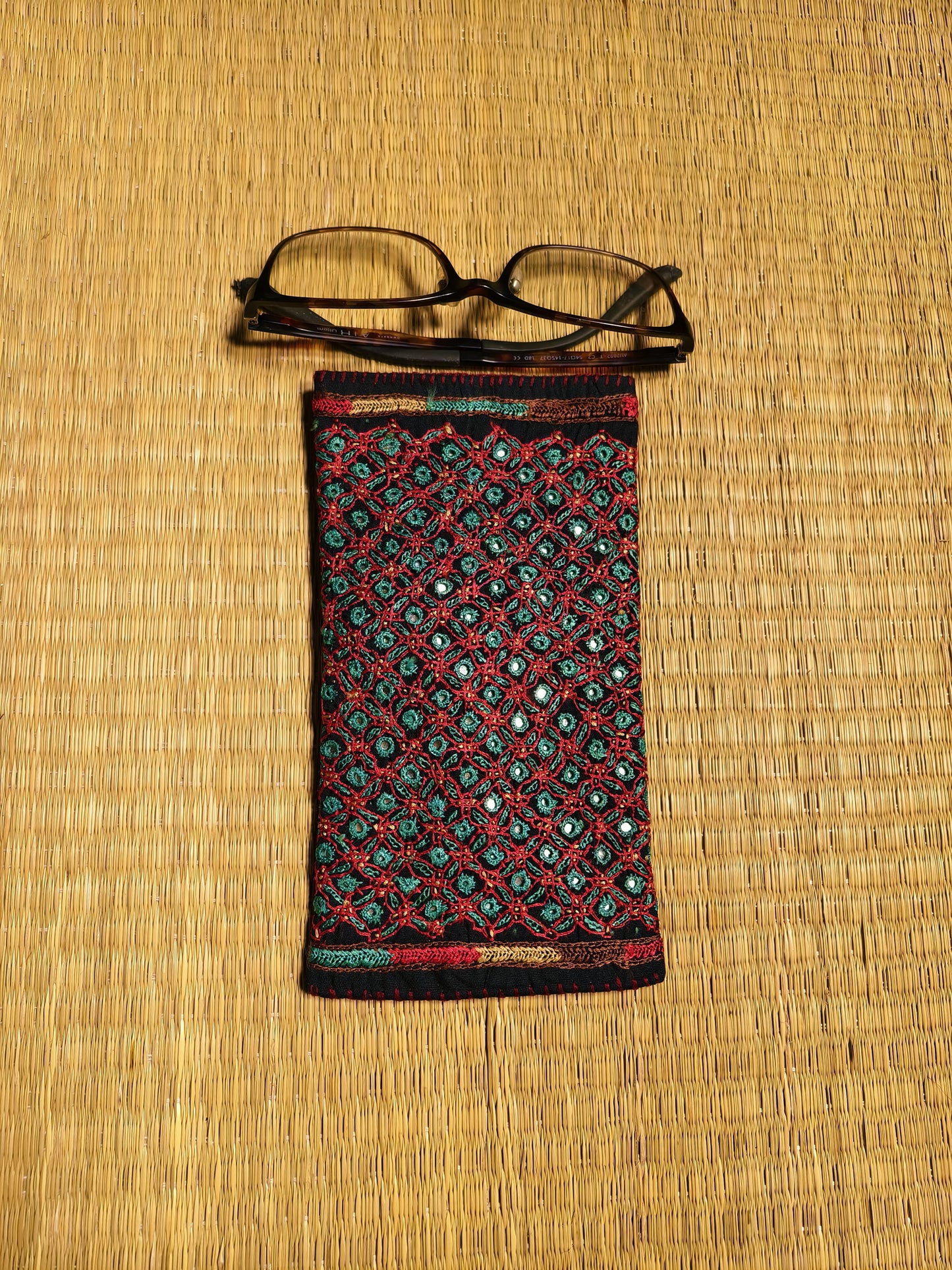Black Green Kutch Hand-Embroidered Spec Case