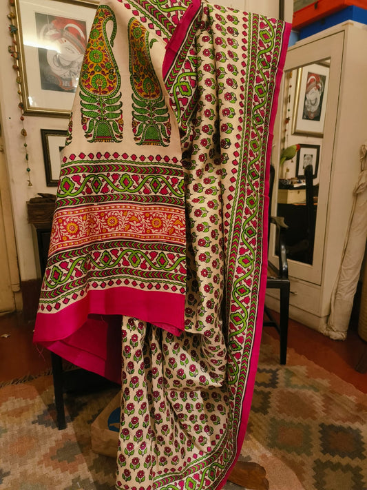 Handwoven Pure Mulberry Bengal Silk Saree Cream Colour