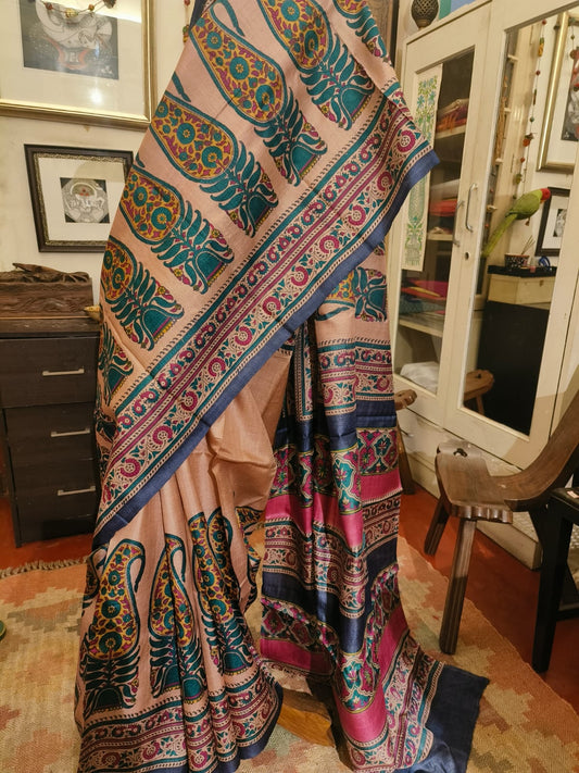 Pure Gachhi Bengal Tussar Saree Pink & Beige